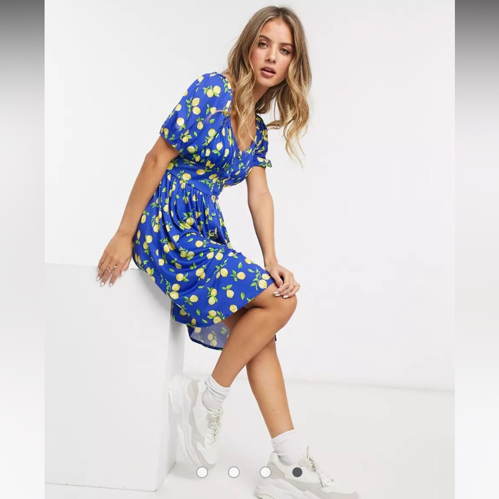 French Connection blue lemon print skater knit dress
